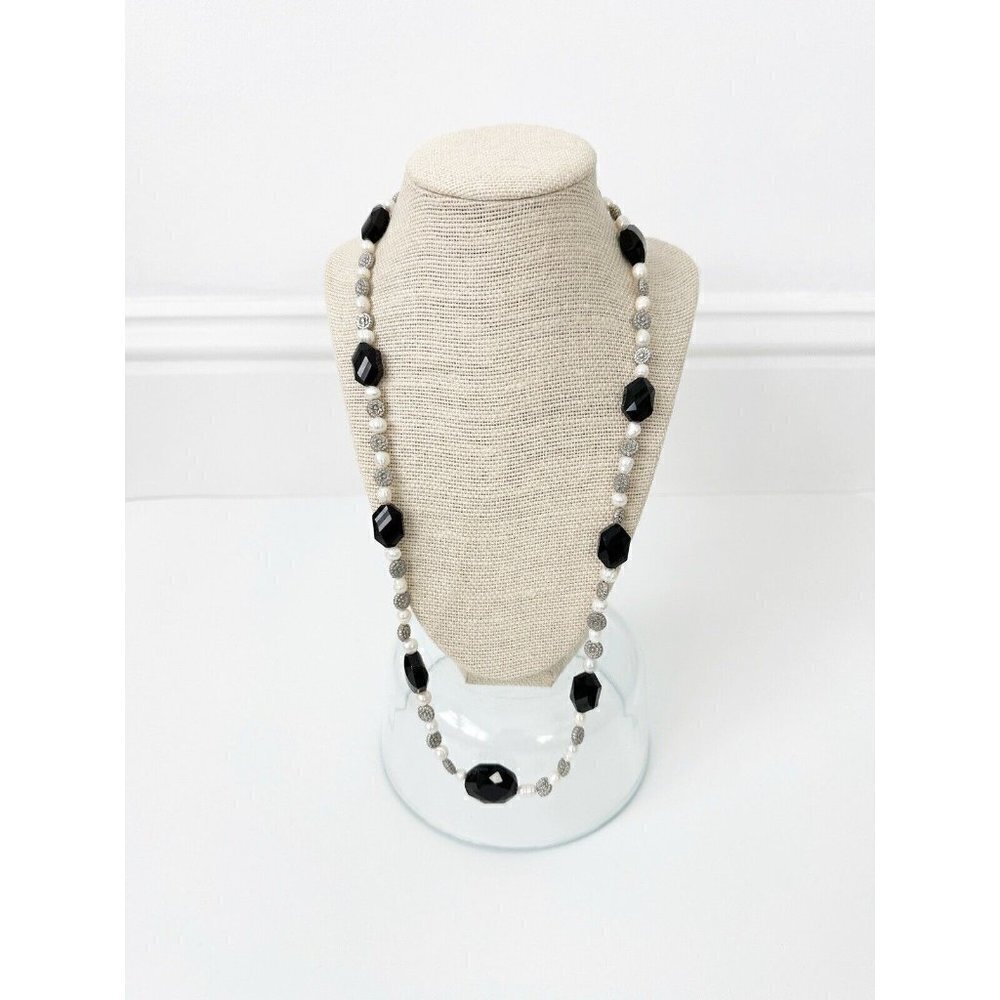 NWT Genuine Black Crystal, Pearls, Metallic Beads Necklace Black White Silver